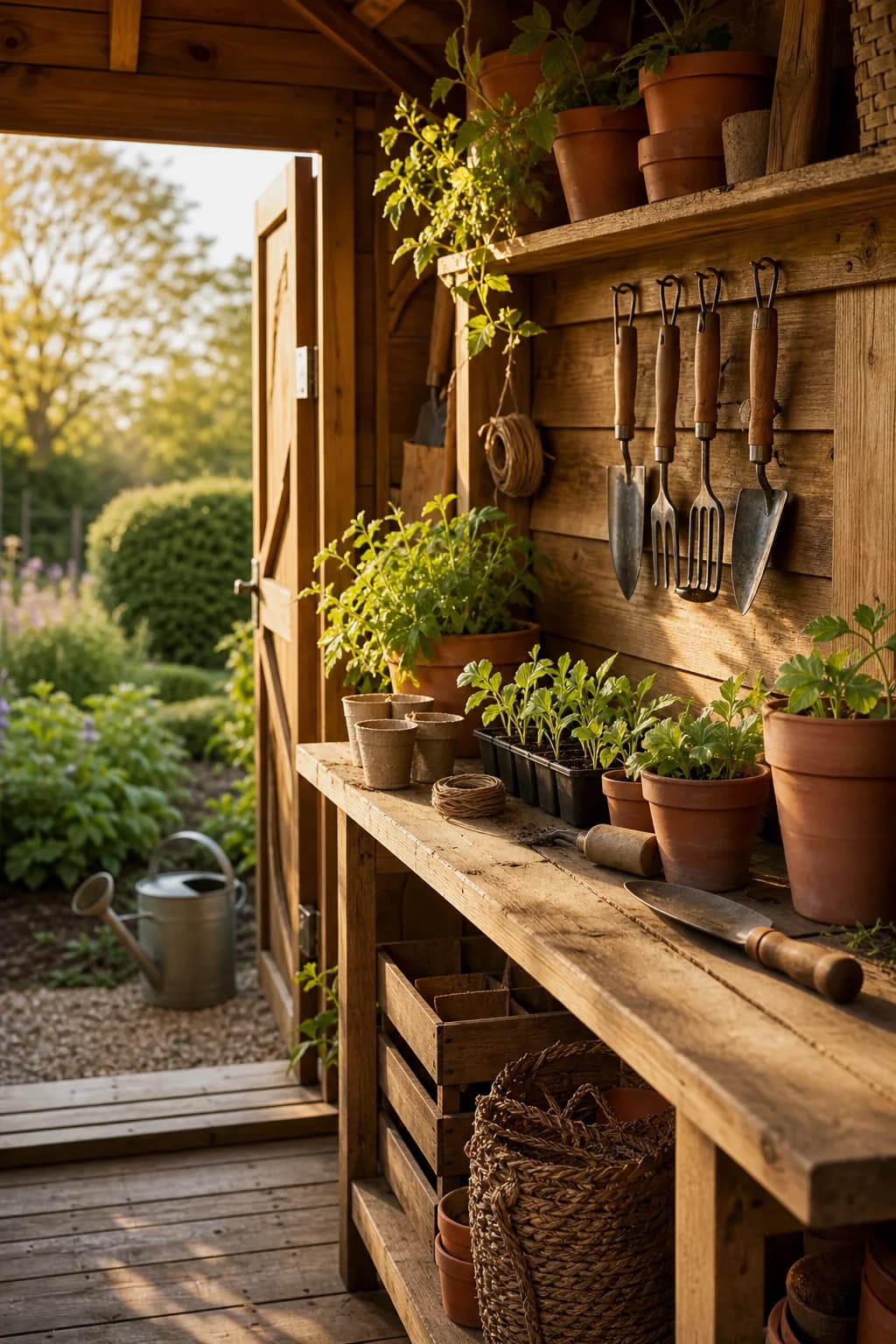 Inside a tidy garden shed with a potting bench in warm afternoon light